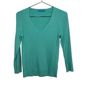 J. McLaughlin Size Medium Green Cotton Blend Ribbed V-Neck Pullover Sweater